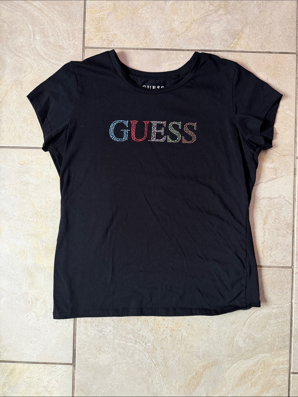 Guess Black Short Sleeve Tee with Multicolor Rhinestone Logo